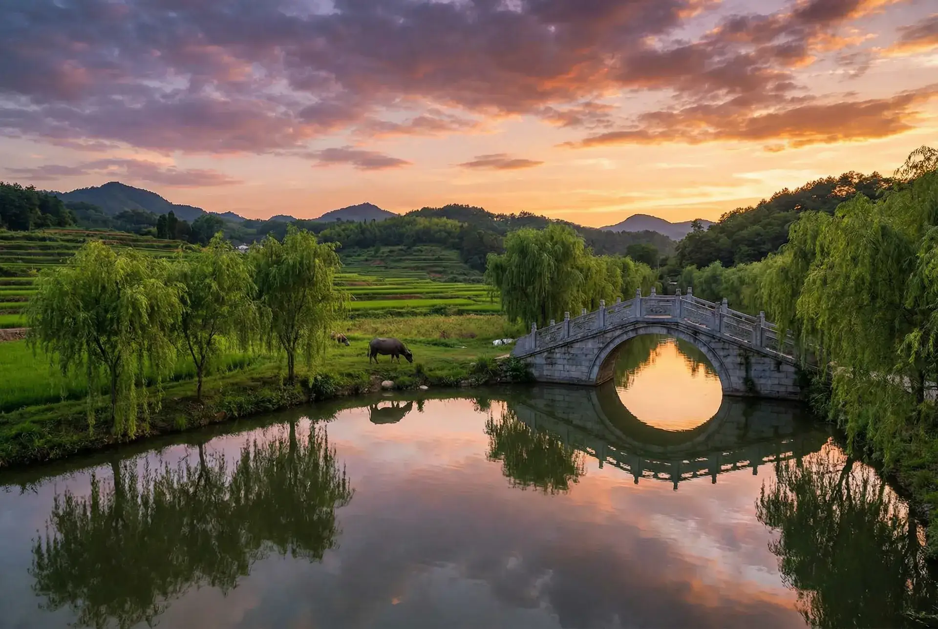 夕阳下的石拱桥与垂柳，水牛在河边吃草 - 瓜田喜事 乡村美景